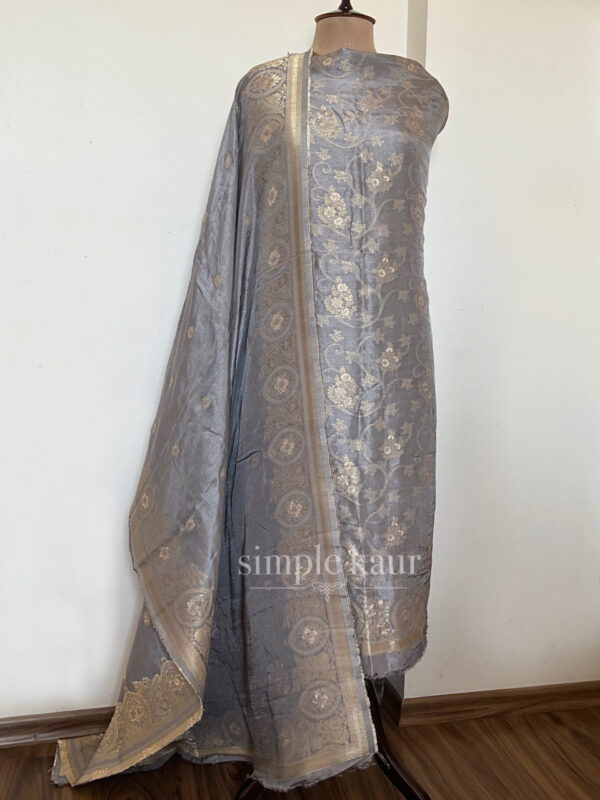 Stone Grey Banarasi Silk Unstitched Suit