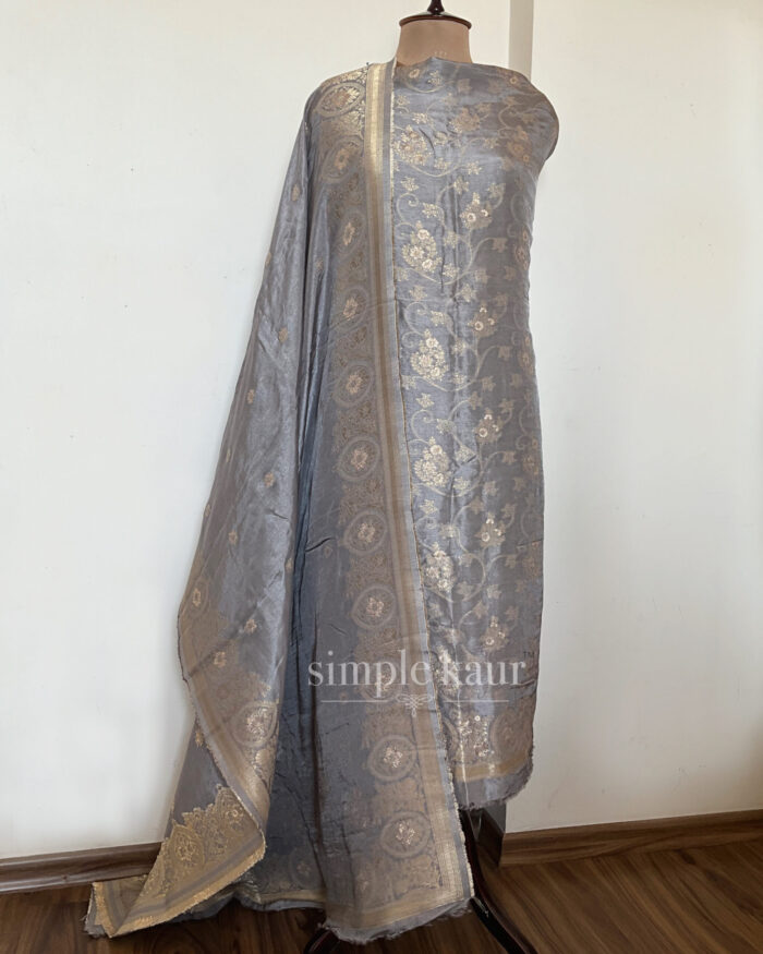Stone Grey Banarasi Silk Unstitched Suit - Image 1