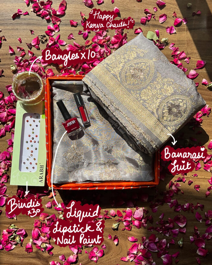 Stone Grey Banarasi Suit Festive & Karva Chauth Hamper - Image 1