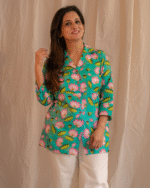 lotus print lapeled collar button downed tunic shirt