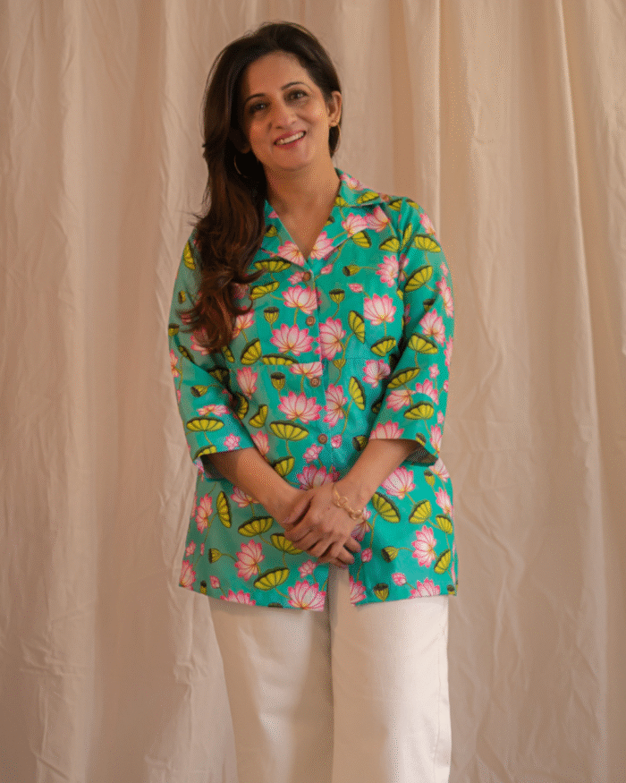 lotus print lapeled collar button downed tunic shirt - Image 2