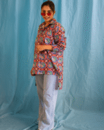 Pixelated peacock print collared shirt