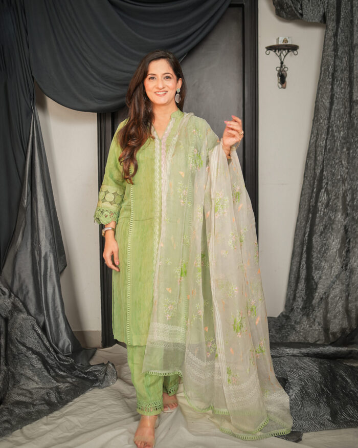 Pista Green Marble Kurta Set with Printed Dupatta - Image 1