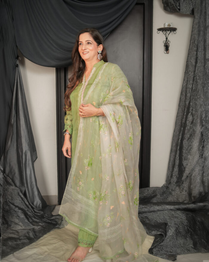 Pista Green Marble Kurta Set with Printed Dupatta - Image 3