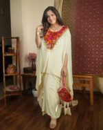 Asymmetrical Cream Kaftan with Phulkari Detail & Dhoti Skirt Set