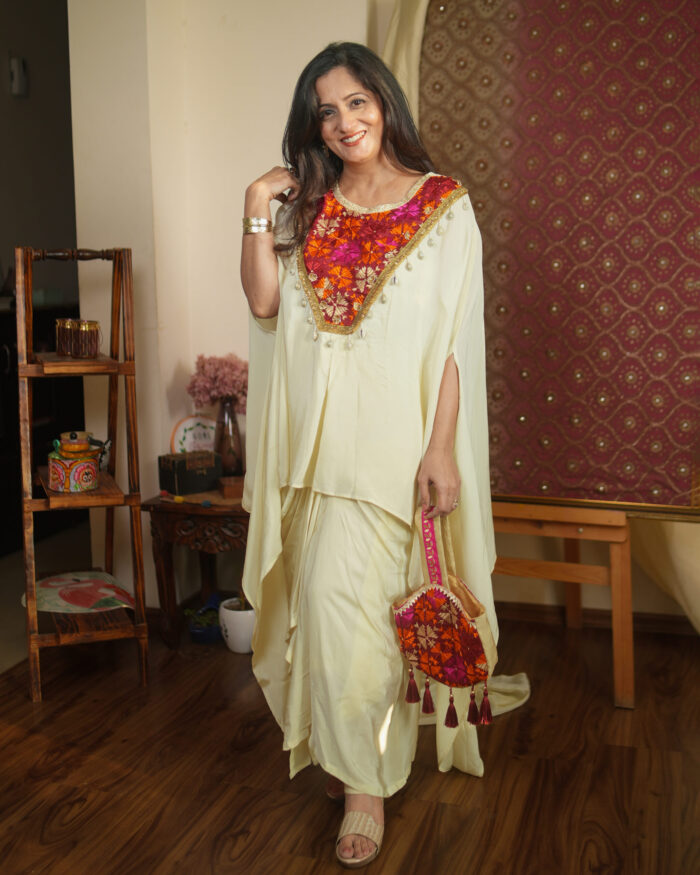 Asymmetrical Cream Kaftan with Phulkari Detail & Dhoti Skirt Set - Image 1