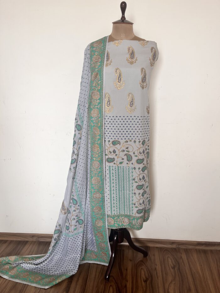 Grey Hand Block Printed Unstitched Suit - Image 2