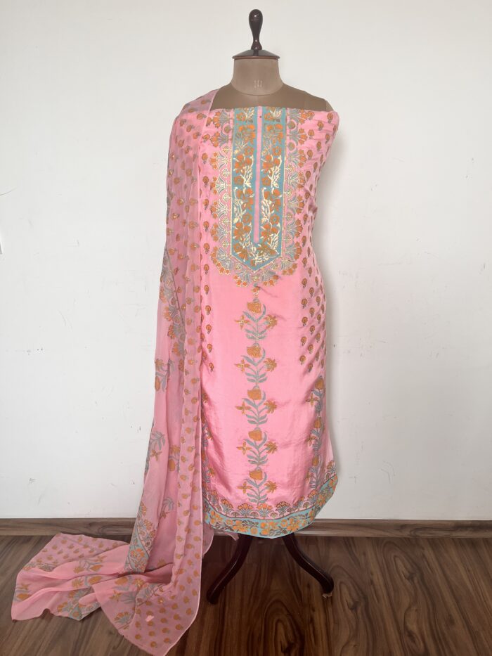 Baby Pink Hand Block Printed Unstitched Suit - Image 2