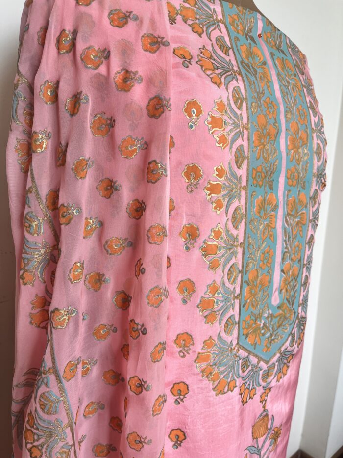 Baby Pink Hand Block Printed Unstitched Suit - Image 4