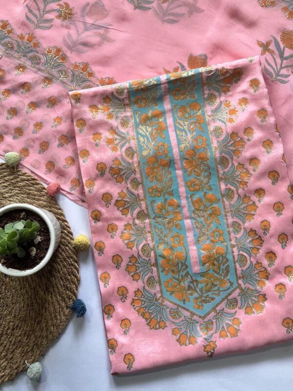 Baby Pink Hand Block Printed Unstitched Suit