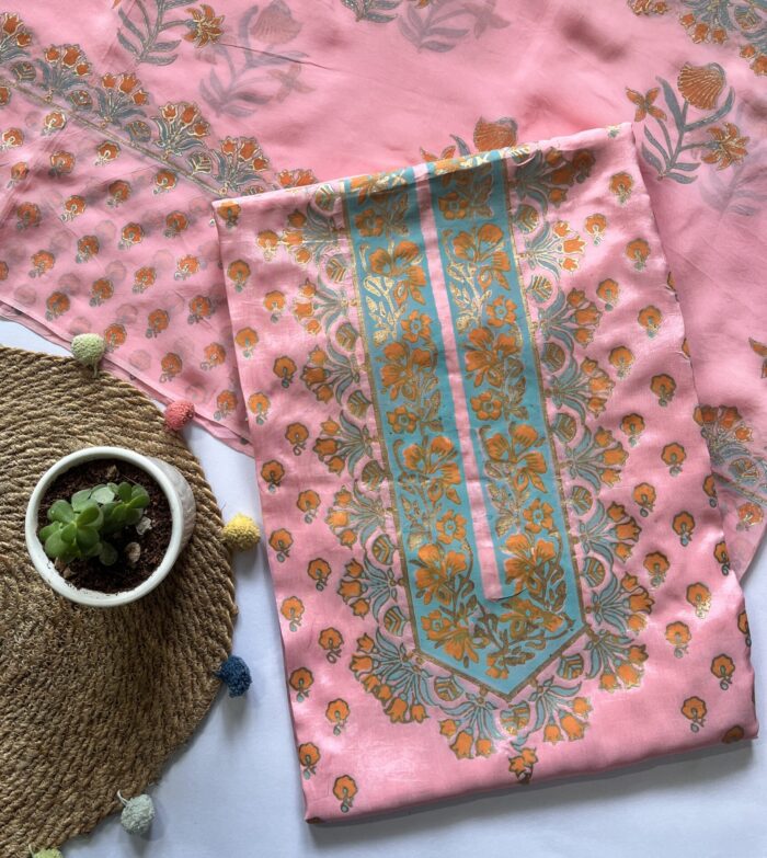 Baby Pink Hand Block Printed Unstitched Suit - Image 1
