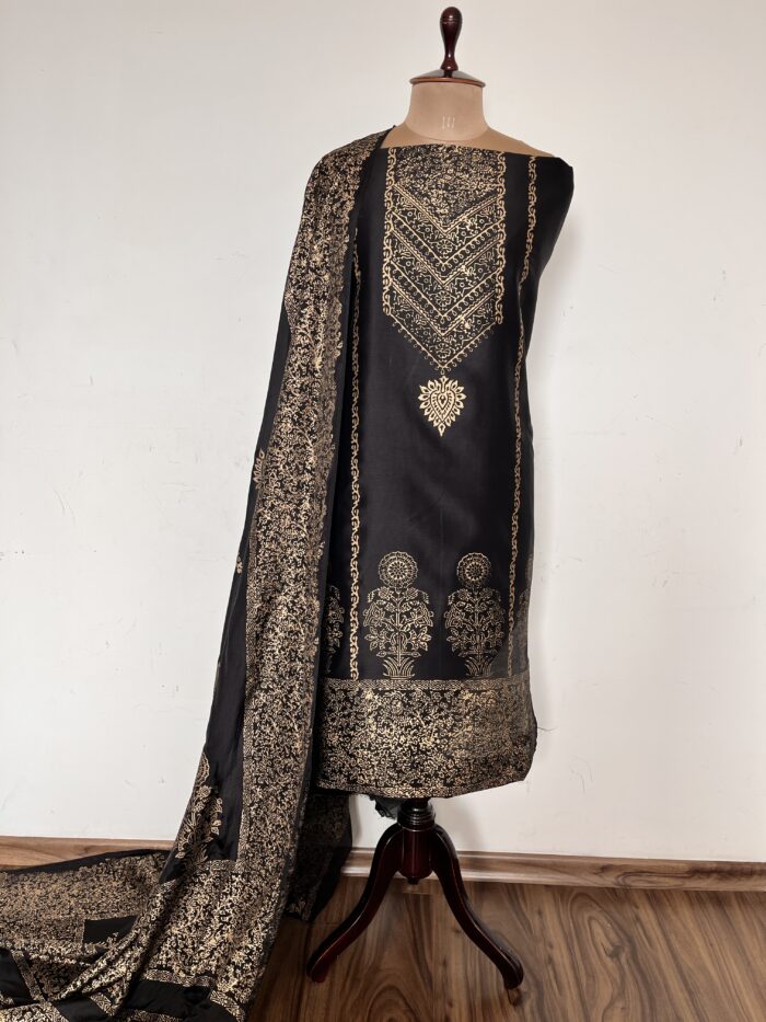 Black Hand Block Printed Unstitched Suit - Image 2