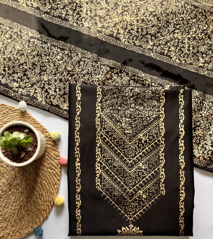 Black Hand Block Printed Unstitched Suit - Image 1