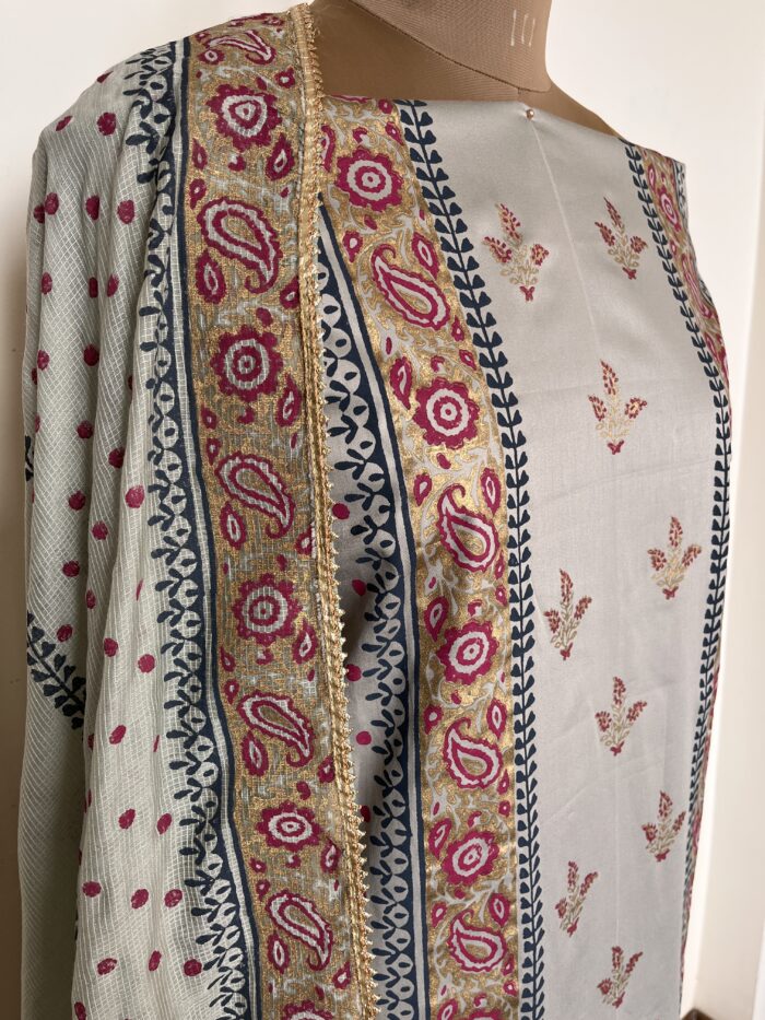 Grey Hand Block Printed Unstitched Suit - Image 3