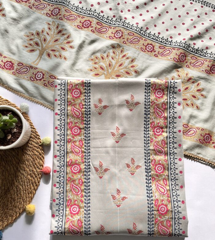 Grey Hand Block Printed Unstitched Suit - Image 1
