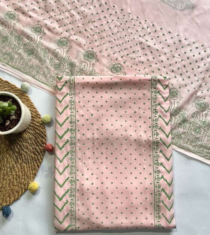 Light Pink Hand Block Printed Unstitched Suit - Image 1