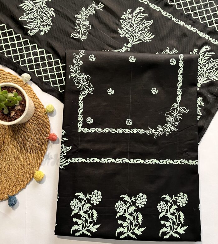 Black Hand Block Printed Unstitched Suit - Image 1