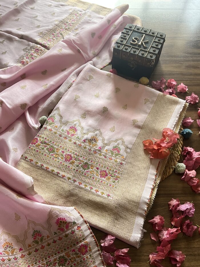 Light Pink Banarasi Unstitched Suit - Image 2