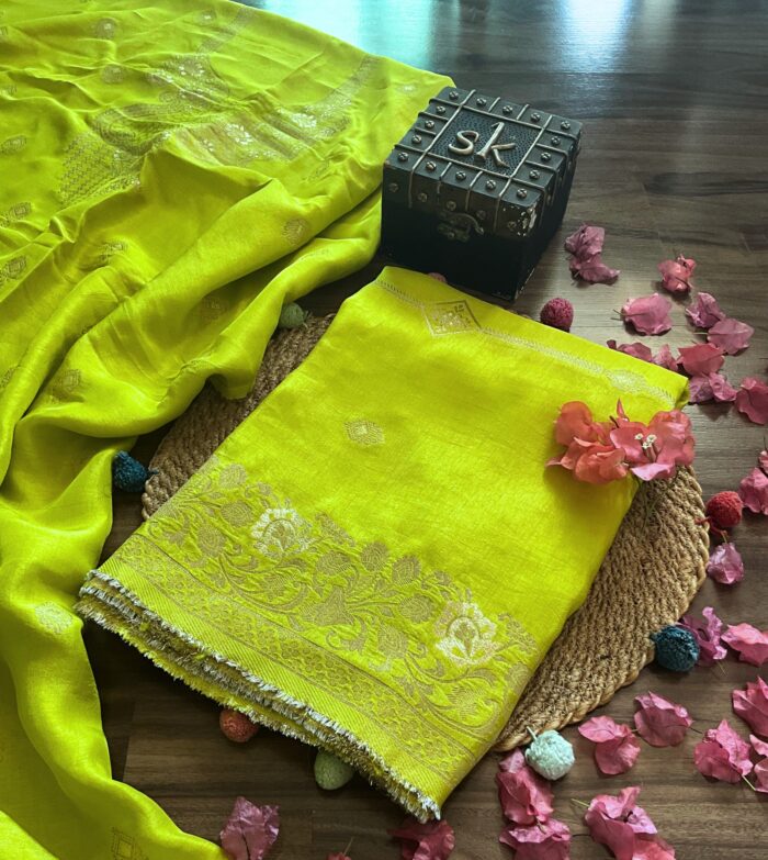Lime Green Banarasi Unstitched Suit - Image 2