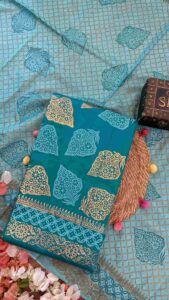 Teal Green Glazed Cotton Hand Block Printed Unstitched Suit