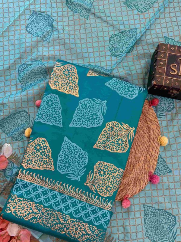 Teal Green Glazed Cotton Hand Block Printed Unstitched Suit