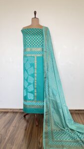 Teal Green Glazed Cotton Hand Block Printed Unstitched Suit - Image 2